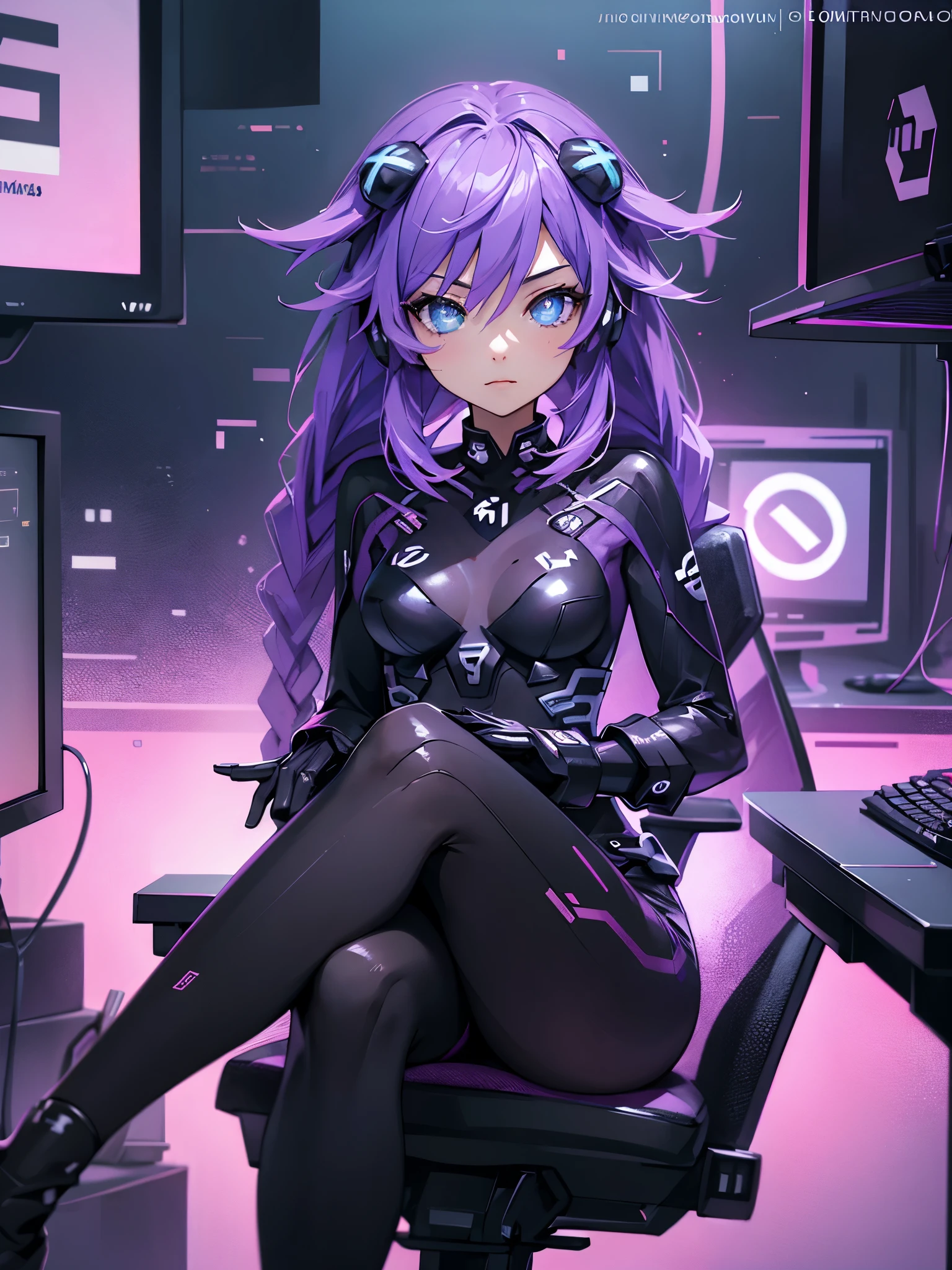 Cartoon of a woman sitting in a gamer chair with headphones on, Background illustrations, sitting in front of a computer, IG Studios anime style, [ arte digital ]!!, game, gamer aesthetic, Anime art style, Twitch Streamer, 2D Rendering, gamer,  sitting in front of the computer, gamer themed, arte digital!!,  lyrics, hand holding mouse, RGB gaming keyboard, rgb black mousepad, Dark purple gaming desk with RGB underneath, dark purple pants, pink blouse, pantalla de game