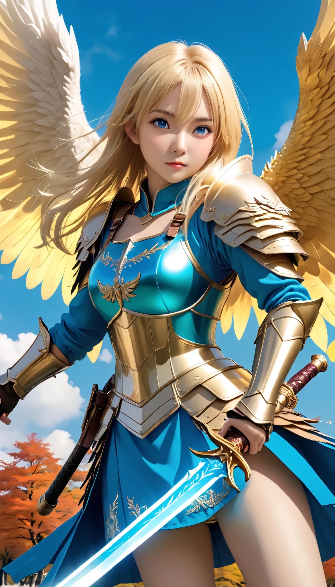 Metasequoia Tree-Lined Avenue, Fallen Leaves for Vaginal Discharge , Dead Leaves Fluttering ,(((8k,masterpiece, best quality ))), Detailed CG Synthesis ，Maxi Kit, whole body, wide shot ,break、((( Pretty Angel Flying in the Blue Sky ))), fantasy , Big Angel Wings , ,(blonde:1.6)，眩しいハイライトが入ったblondeの髪、Shiny bright hair, ,Long Hair,, twin tails、 detailed face ， charming big blue eyes ，Shining beautiful eyes， charming smile ， beautiful skin ， Lens Flare ,Girl with angel wings and sword, Angel Knight Girl,Beautiful angel witch, Very Detailed ArtGerm , Detailed digital 3D art（（ super real, 鮮やかな3D dynamic action pose ））， Dragon Warrior Girl， dynamic action pose ， extremely complex and heavy combat weapon using a giant turquoise energy sword ，Vice President of Lunes,, Single Armor, Decorative blue armor, Armor Dress, （ feathered helmet ）, Shoulder rest, gauntlet , Shin guards,（ battle scene where {x} has a huge turquoise energy sword in the battle scene 、Pi's :1.3), Very dramatic, movie lighting 。 beautiful detailed background , beautiful detailed background , ( In the blue sky above the clouds 1 .3), ((Two big, Shining Wings:1.3),(flight:1.5)