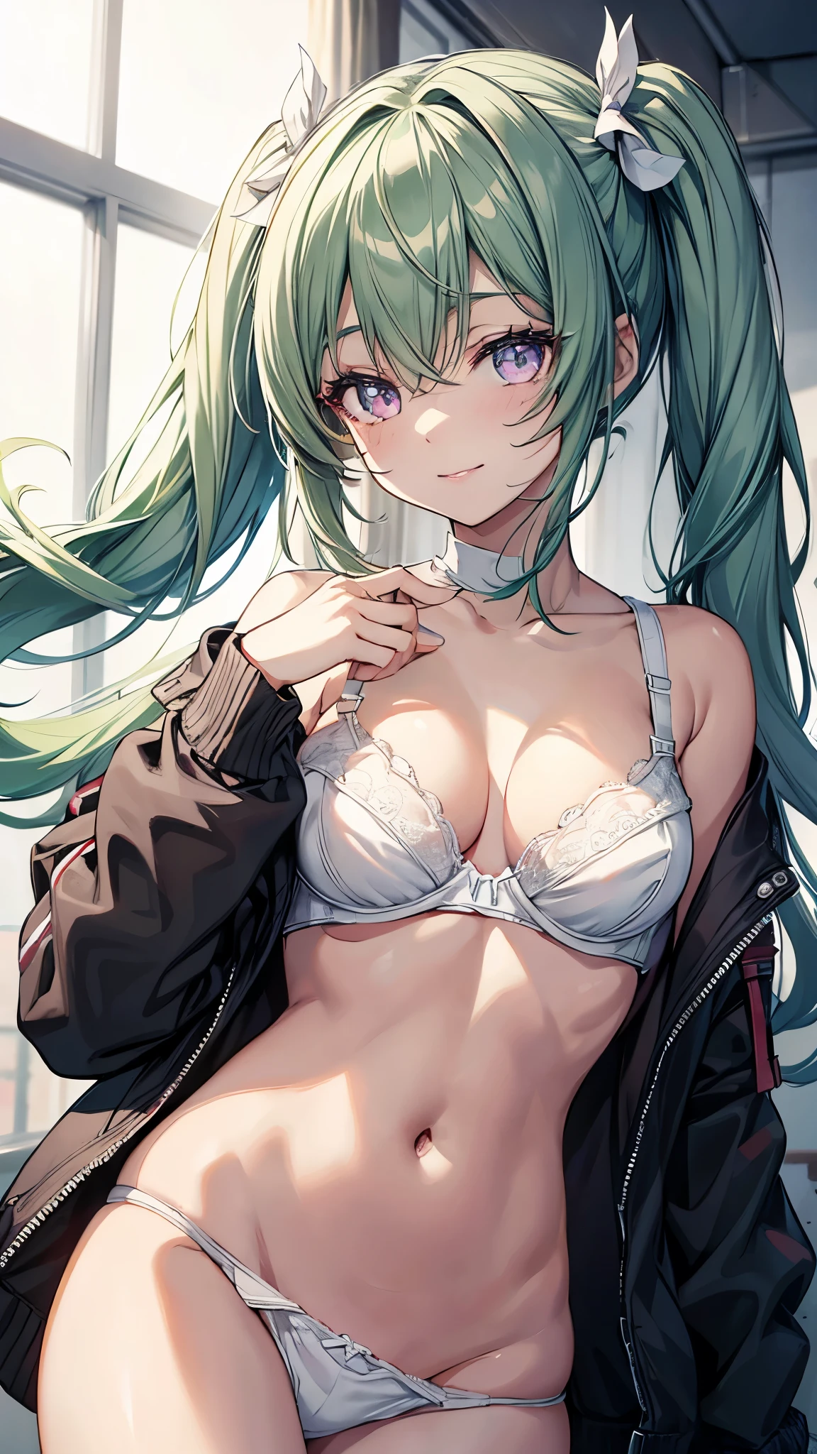 upper body,corin,1girl,solo,chibi,Very young,Short neck,Small breasts,Purple eyes,(Captivating smile), Twin tails,Screw Accessories,Green Hair,handcuffs,(white bra,white panty:1.5),undressing,masterpiece,Noise Reduction,perfect anatomy,high resolution, ultra-detailed, ultra-detailed face,game cg,dutch angle ,beautiful detailed eyes,visualart,five fingers, perfect hands, perfect lighting, sparkling pupils,