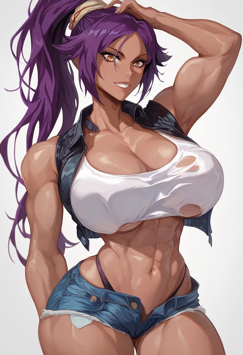 Beautiful woman, purple hair, bangs, messy hair, ponytail, tanned skin, big breasts, fit body hourglass figure, wide hips, cropped jacket, cleavege, jean shorts puripurijet, yoruichi