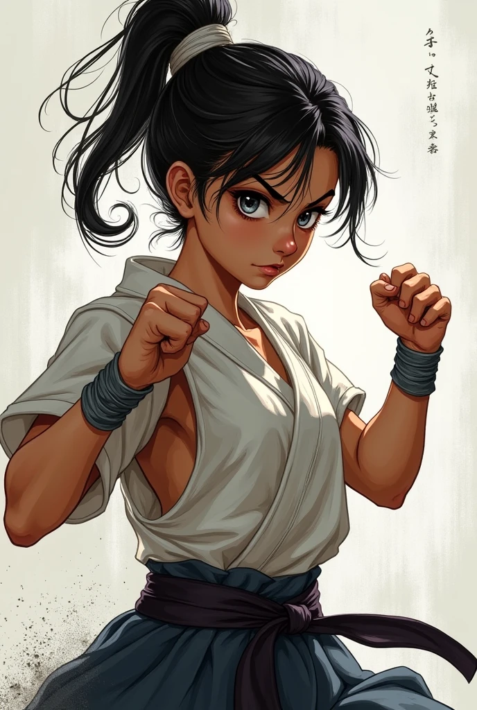 girly girl, short black hair updo, White karategi with blue belt, light brown eyes, in dark black dojo, combat pose, serious face, bruised forearms, big breasts, big breasts.
