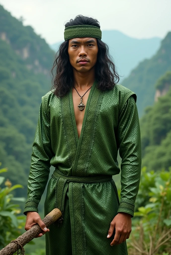 a photorealistic, uhd, masterpiece portrait of a 30 year old Indonesian man with long black hair, wearing a green snake scale patterned bandana, wearing a green snake scale patterned outfit, green snake scale patterned long pants, barefoot, holding a wooden staff in his right hand, eyes closed, with a black monkey sitting on his shoulder