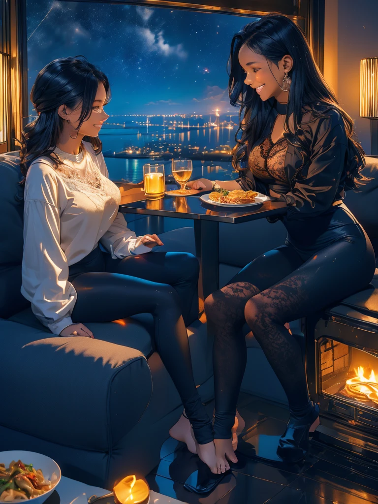 Two Women .(Nightsky).window (8k)  Inside home   room. autumn. While y-shirt. (Lace). Line-up  . sofa sit.smile.  leggings. Table. dinner pasta. Neon.glowing hearts. 