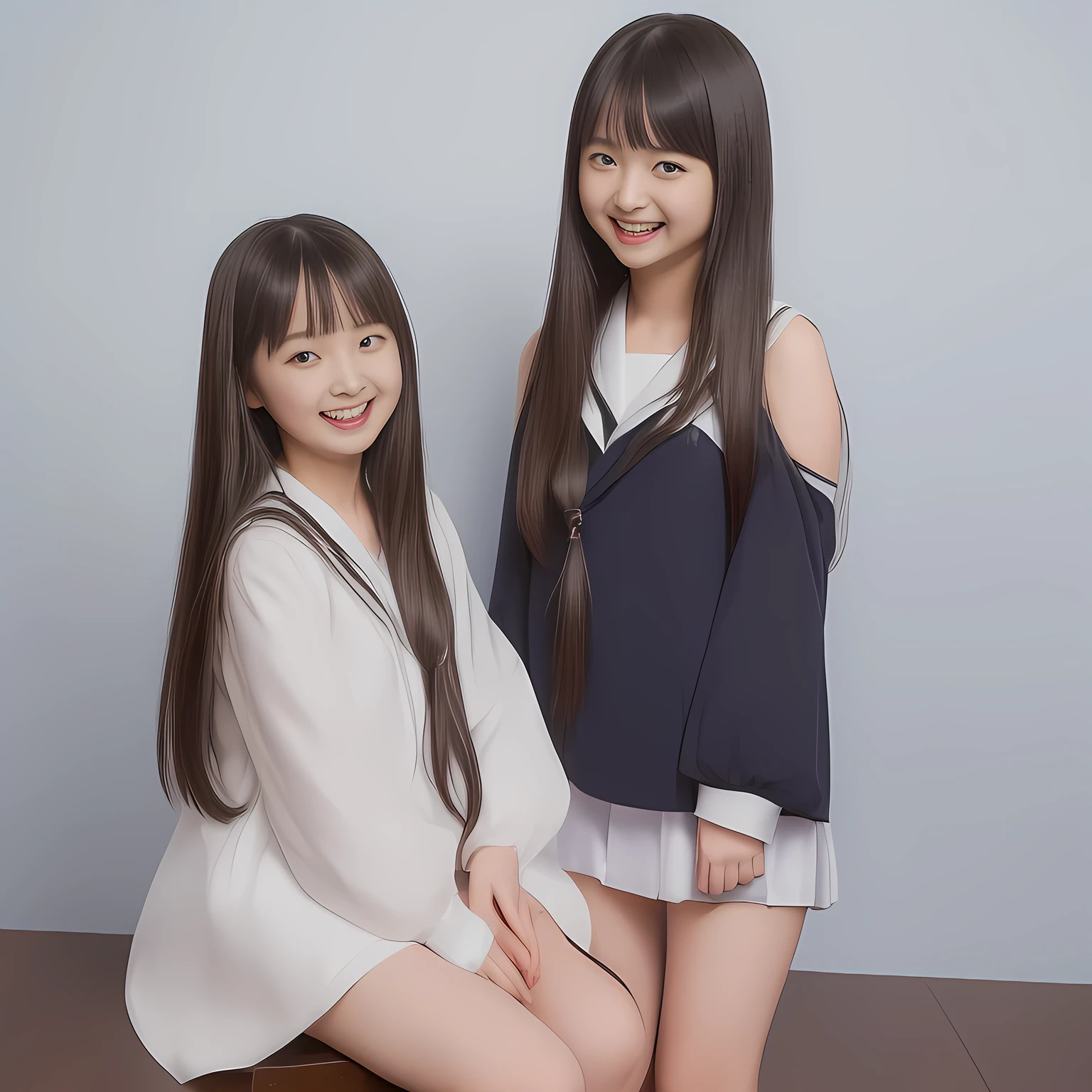 (Highest quality, masterpiece:1.2), Highest quality, High resolution, 1080P, 8k, (Two 14yo Japanese beautiful girl idols are seated and giving strong subliminal sexual invitation and temptation, undressing, cute skirt with beautiful knees, looking at the viewer, can't stop showing cute smile open mouth because of feeling too funny about the viewer, very white-white face, very proud of her long straight black hair, using face-whitening cosmetics, 14yo girl's eyes, opened laughing giggling most open mouth, taking off too expensive navy sailor-styled school uniform, well-straitened super-long well-trimmed long hair, evenly neatly trimmed girly cute bangs: 1.5), (white shoulders: 1.7), (Laughing blushed cheeks with dimples), (Well-balanced, impressive, very intelligent, double-eyelids, black shining large eyes of 14yo young idol with detailed: 1.5), ((Beautiful well-figured glossy opened laughing lips: 1.2)), (mature breast), (The viewer can't stop madly kissing them because of her beauty and subliminal strong invitation), (Very beautiful, super-glossy, cute neat black amazingly long hair, straight well-done long hair-style: 1.3), (plain blue background: 1.6), (((Completely balanced beautiful big cool eyes, looking coldly at me!: 1.3))), (eyes, face and hair are especially beautifully detailed and beautifully drawn: 1.5), (The soft white light clearly shows her face extremely white: 1.2), (Too luxurious and expensive), (School uniform, too-cute slender 14yo super-long-hair Japanese beautiful-young-girl idol twins are laughing and undressing, super-widely open laughing mouth like eating the viewer, everything is girly, neat and too beautiful: 1.6), (Super long hair 14yo super-cute-face navy-sailor-suit school-uniform pretty young idol of school idol photo magazine, is undressing, height: 158cm: 2.1), (Inevitable invitation and temptation to the eternal pleasure world: 2.0)