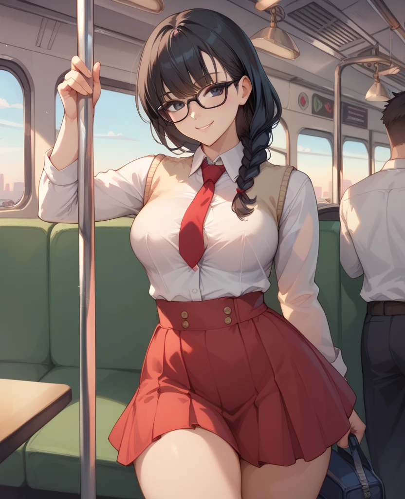 Sexy anime girl, age 17, braided black hair, black eyes, black glasses, no bra, long sleeve white shirt with buttons, red tie, red open long sleeve vest, low waist red skirt, medium breasts, medium thighs, perfect shapely body, seductive pose, smirking, in a train, holding a pole, morning