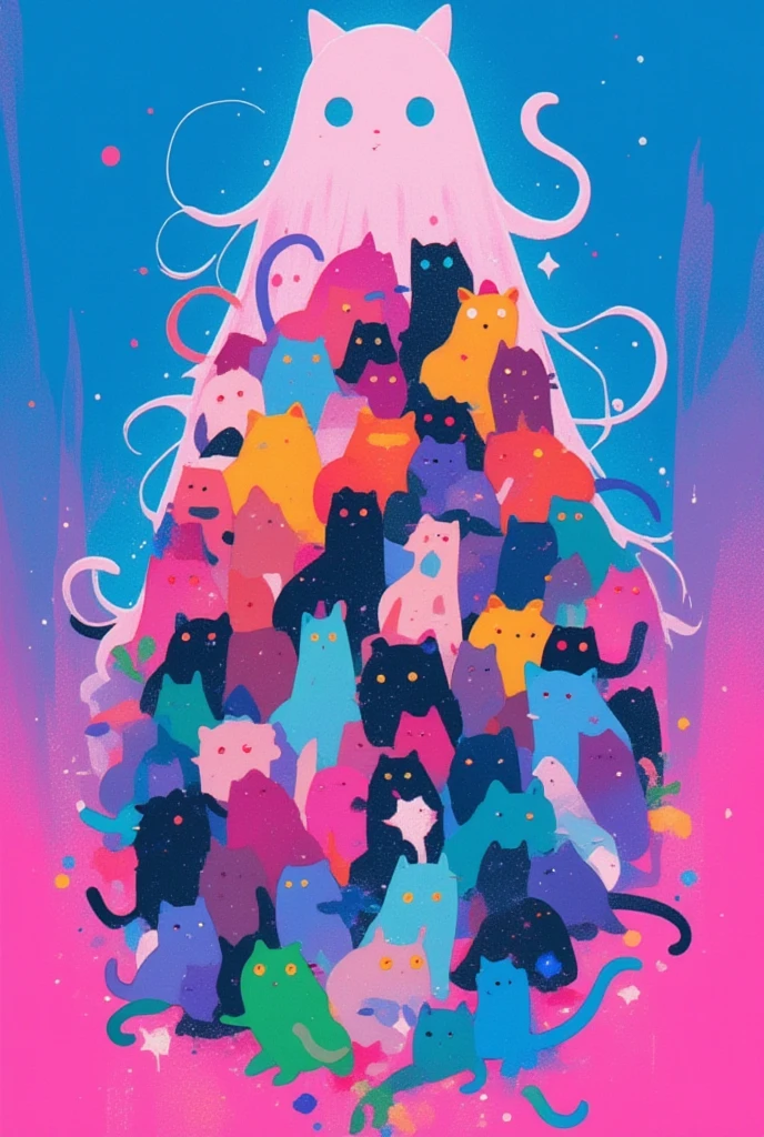  There are many colored cats on a blue and pink background,  like a rainbow ghost, ghost, kill, ( ( RISOGRAPH ) ), ghost in the background,  a person like a ghost , ghost theme, by Shinoda Toko, ghost, phantom ghost in the background,  part Petra Court Light , ren born as ghost, floating ghost , Now Tanaka