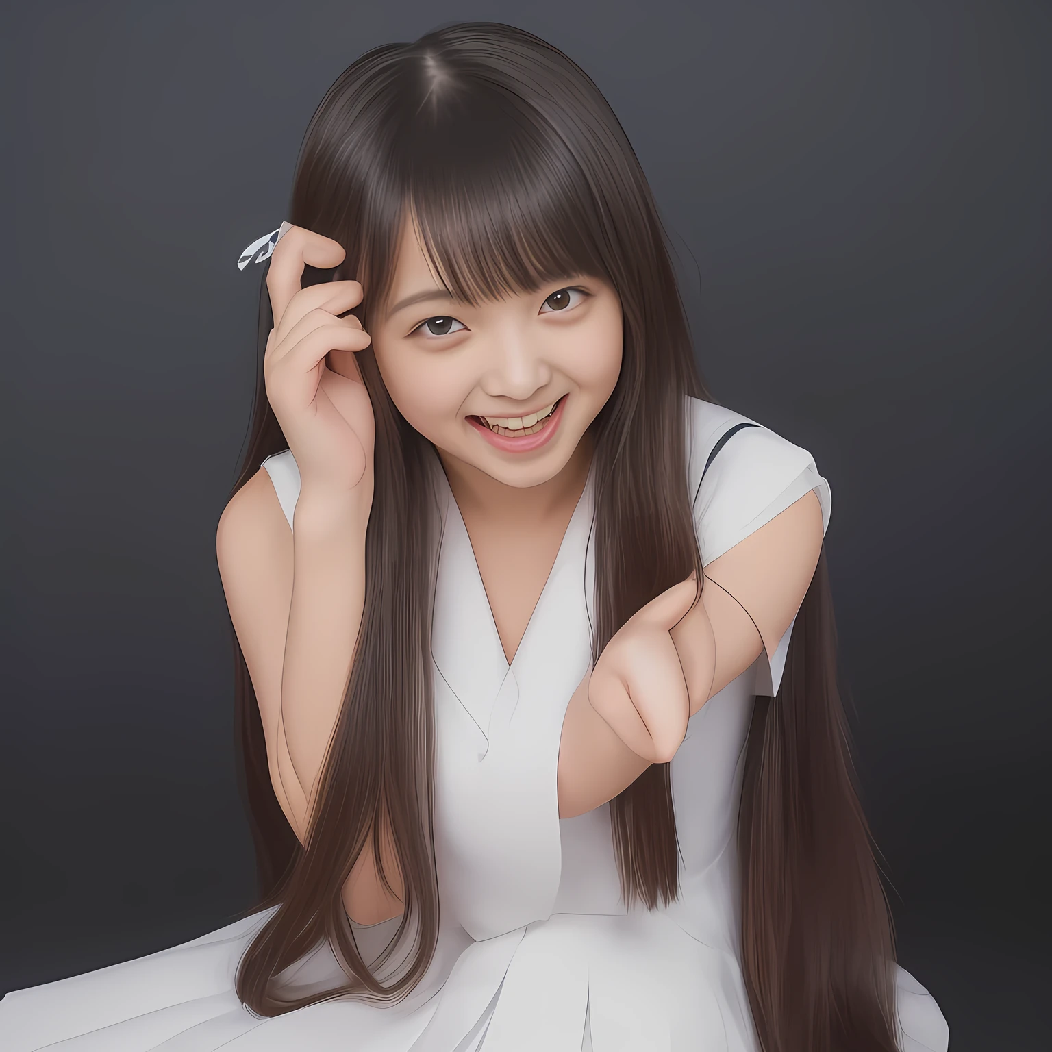 (Highest quality, masterpiece:1.2), Highest quality, High resolution, 1080P, 8k, (Two 14yo Japanese beautiful girl idols are seated and giving strong subliminal sexual invitation and temptation, undressing, cute skirt with beautiful knees, looking at the viewer, can't stop showing cute smile open mouth because of feeling too funny about the viewer, very white-white face, very proud of her long straight black hair, using face-whitening cosmetics, 14yo girl's eyes, opened laughing giggling most open mouth, taking off too expensive navy sailor-styled school uniform, well-straitened super-long well-trimmed long hair, evenly neatly trimmed girly cute bangs: 1.5), (white shoulders: 1.7), (Laughing blushed cheeks with dimples), (Well-balanced, impressive, very intelligent, double-eyelids, black shining large eyes of 14yo young idol with detailed: 1.5), ((Beautiful well-figured glossy opened laughing lips: 1.2)), (mature breast), (The viewer can't stop madly kissing them because of her beauty and subliminal strong invitation), (Very beautiful, super-glossy, cute neat black amazingly long hair, straight well-done long hair-style: 1.3), (plain blue background: 1.6), (((Completely balanced beautiful big cool eyes, looking coldly at me!: 1.3))), (eyes, face and hair are especially beautifully detailed and beautifully drawn: 1.5), (The soft white light clearly shows her face extremely white: 1.2), (Too luxurious and expensive), (School uniform, too-cute slender 14yo super-long-hair Japanese beautiful-young-girl idol twins are laughing and undressing, super-widely open laughing mouth like eating the viewer, everything is girly, neat and too beautiful: 1.6), (Super long hair 14yo super-cute-face navy-sailor-suit school-uniform pretty young idol of school idol photo magazine, is undressing, height: 158cm: 2.1), (Inevitable invitation and temptation to the eternal pleasure world: 2.0)