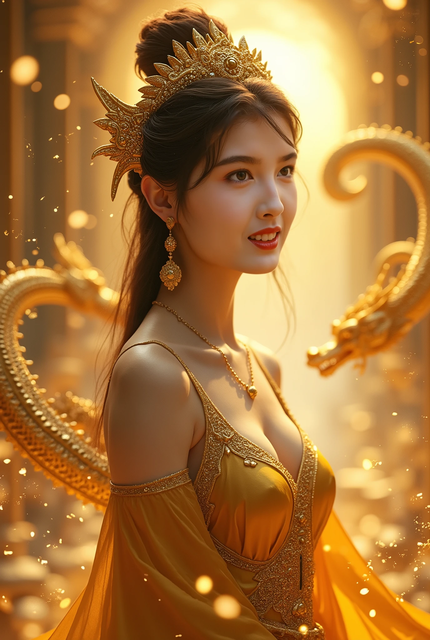 (1girl in:1.3), (Ultra Realistic), (Highly detailed eyes, Highly detailed hair, Highly detailed face, Highly detailed plump lips), Naked, (off shoulders), breasts, Upper body, Happy smile, (shenron:1.5), (golden dragon, Good luck, miracle, boldness, Great appearance, happiness will come, dreams come true, tutelary, advent of god, celebration, honorable, transcendental scale, Romance:1.2), (Best Quality:1.4), Raw photo, (Realistic, photo-Realistic:1.37), Professional Photography, Cinematic Light, Indoors, (amazing dragon wallpaper, dragon painting wallpaper:1.5), Golden Chinese shenron,