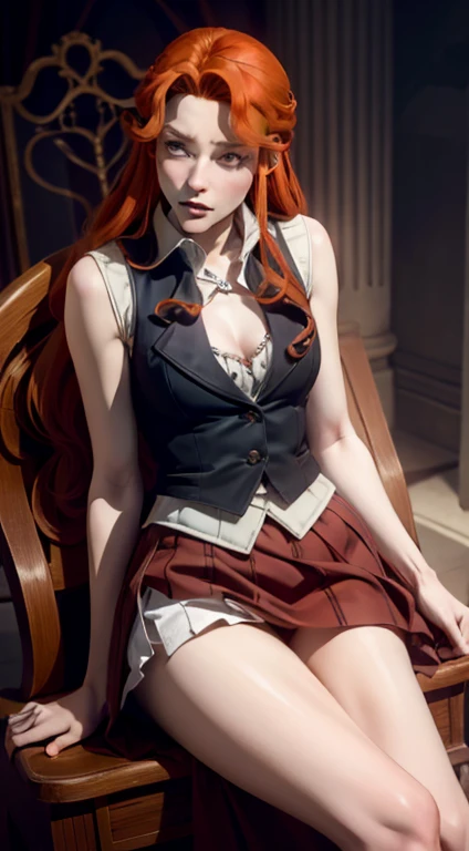 ((photo by full body)), ((photo realist)), 1 girl, (waistcoat: 1.2), 8K, high resolution, finely detailed skin, lingerie, Breasts huge, Lenore de Castlevania, vampyre, Red hair, overskirt, sitting down, legs, jumping, dominant, Low angle, upoverskirt, skinny, toned, smaller body, Waist slender, from low, crossed legs, highly detailed realistic proportioned legs, toned flegs, skinny legs