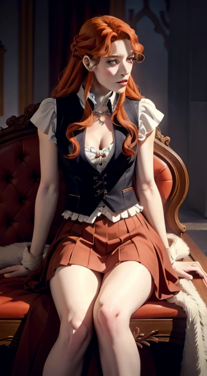 ((photo by full body)), ((photo realist)), 1 girl, (waistcoat: 1.2), 8K, high resolution, finely detailed skin, lingerie, Breasts huge, Lenore de Castlevania, vampyre, Red hair, overskirt, sitting down, legs, jumping, dominant, Low angle, upoverskirt, skinny, toned, smaller body, Waist slender, from low, crossed legs, highly detailed realistic proportioned legs, toned flegs, skinny legs