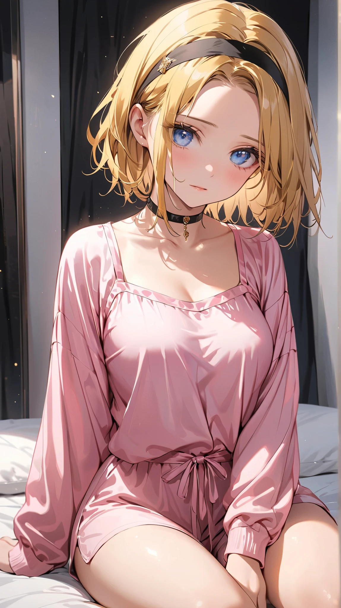 Watercolor painting of a beautiful woman, 30 delicate colors, wearing a fine silky, close-fitting sheet-like fabric, detailed eyes, long eyelashes, foundation, pink lipstick, eyeliner, facial details, simple Necklace, look at me, detailed depiction, space colored with ornaments, delicate light depiction,