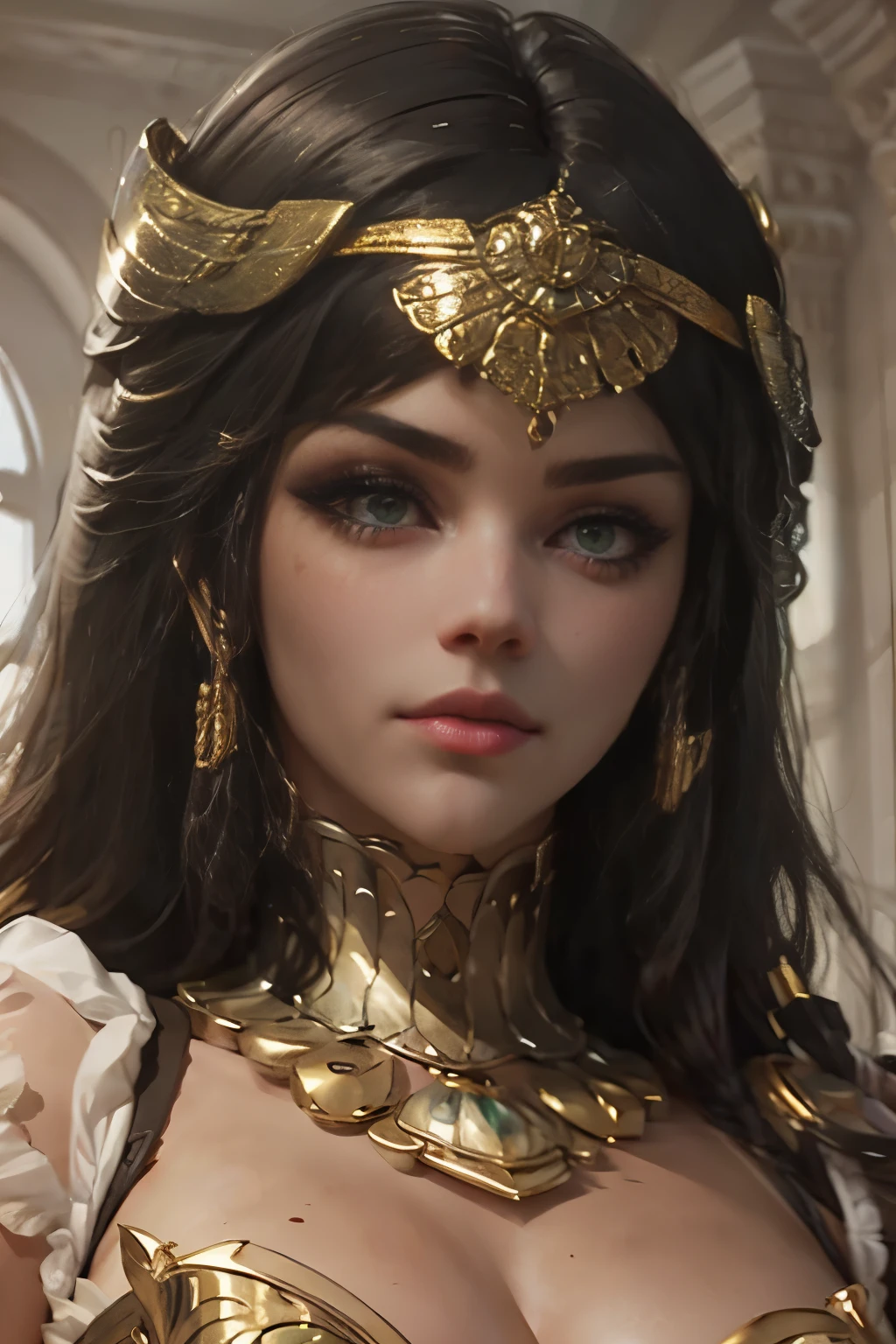 hyper realistic portrait shot of a beautiful egyptian queen, looking down proudly on the camera with her expressive green eyes, tanned skin tone , thin nose , black braided bob hair with golden accessories and jewelries , wearing a white see tough dress