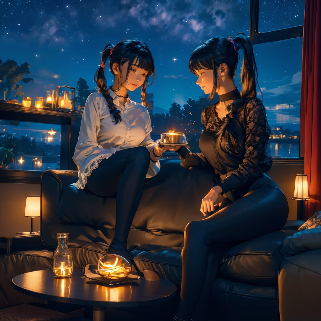 Two Women .(Nightsky).window (8k)  Inside home   room. autumn. While y-shirt. (Lace). Line-up  . sofa sit. talking .leggings.socks. Table. dinner pasta. Neon.glowing hearts. Pigtails