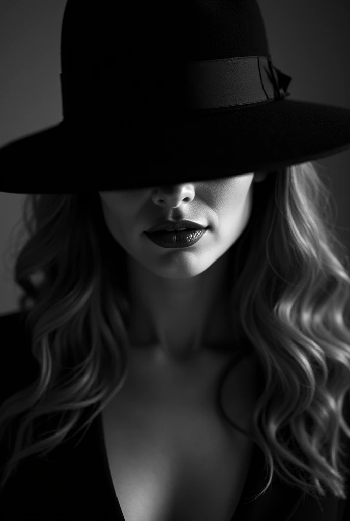 Black and white photographic portrait of a mysterious and seductive woman. The image should have dramatic contrast, with chiaroscuro lighting. One side of the woman's face is illuminated, highlighting her features, while the other side is completely dark, creating an effect of mystery. She has an enigmatic expression, very long, slightly wavy hair loosely falling over her shoulders, The woman wears an elegant black hat and the brim of the hat hides her eyes. She is facing the camera with her face lowered and eyes hidden by the brim of the hat.