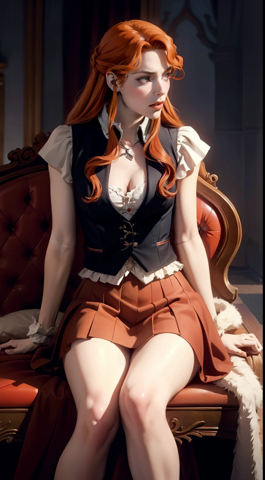 ((photo by full body)), ((photo realist)), 1 girl, (waistcoat: 1.2), 8K, high resolution, finely detailed skin, lingerie, Breasts huge, Lenore de Castlevania, vampyre, Red hair, overskirt, sitting down, legs, jumping, dominant, Low angle, upoverskirt, skinny, toned, smaller body, Waist slender, from low, crossed legs, highly detailed realistic proportioned legs, toned flegs, skinny legs