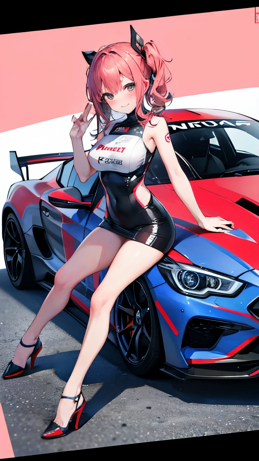  one woman　 Race Queen　 poses for the camera in front of a sports car　 high leg　 low angle　 cute smile with blush