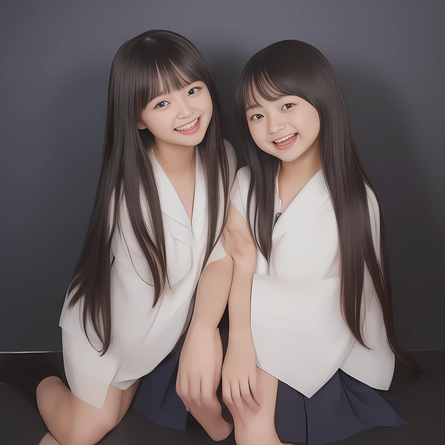 (Highest quality, masterpiece:1.2), Highest quality, High resolution, 1080P, 8k, (Two 14yo Japanese beautiful girl idols are seated and giving strong subliminal sexual invitation and temptation, undressing, cute skirt with beautiful knees, looking at the viewer, can't stop showing cute smile open mouth because of feeling too funny about the viewer, very white-white face, very proud of her long straight black hair, using face-whitening cosmetics, 14yo girl's eyes, opened laughing giggling most open mouth, taking off too expensive navy sailor-styled school uniform, well-straitened super-long well-trimmed long hair, evenly neatly trimmed girly cute bangs: 1.5), (white shoulders: 1.7), (Laughing blushed cheeks with dimples), (Well-balanced, impressive, very intelligent, double-eyelids, black shining large eyes of 14yo young idol with detailed: 1.5), ((Beautiful well-figured glossy opened laughing lips: 1.2)), (mature breast), (The viewer can't stop madly kissing them because of her beauty and subliminal strong invitation), (Very beautiful, super-glossy, cute neat black amazingly long hair, straight well-done long hair-style: 1.3), (plain blue background: 1.6), (((Completely balanced beautiful big cool eyes, looking coldly at me!: 1.3))), (eyes, face and hair are especially beautifully detailed and beautifully drawn: 1.5), (The soft white light clearly shows her face extremely white: 1.2), (Too luxurious and expensive), (School uniform, too-cute slender 14yo super-long-hair Japanese beautiful-young-girl idol twins are laughing and undressing, super-widely open laughing mouth like eating the viewer, everything is girly, neat and too beautiful: 1.6), (Super long hair 14yo super-cute-face navy-sailor-suit school-uniform pretty young idol of school idol photo magazine, is undressing, height: 158cm: 2.1), (Inevitable invitation and temptation to the eternal pleasure world of girls: 2.0)