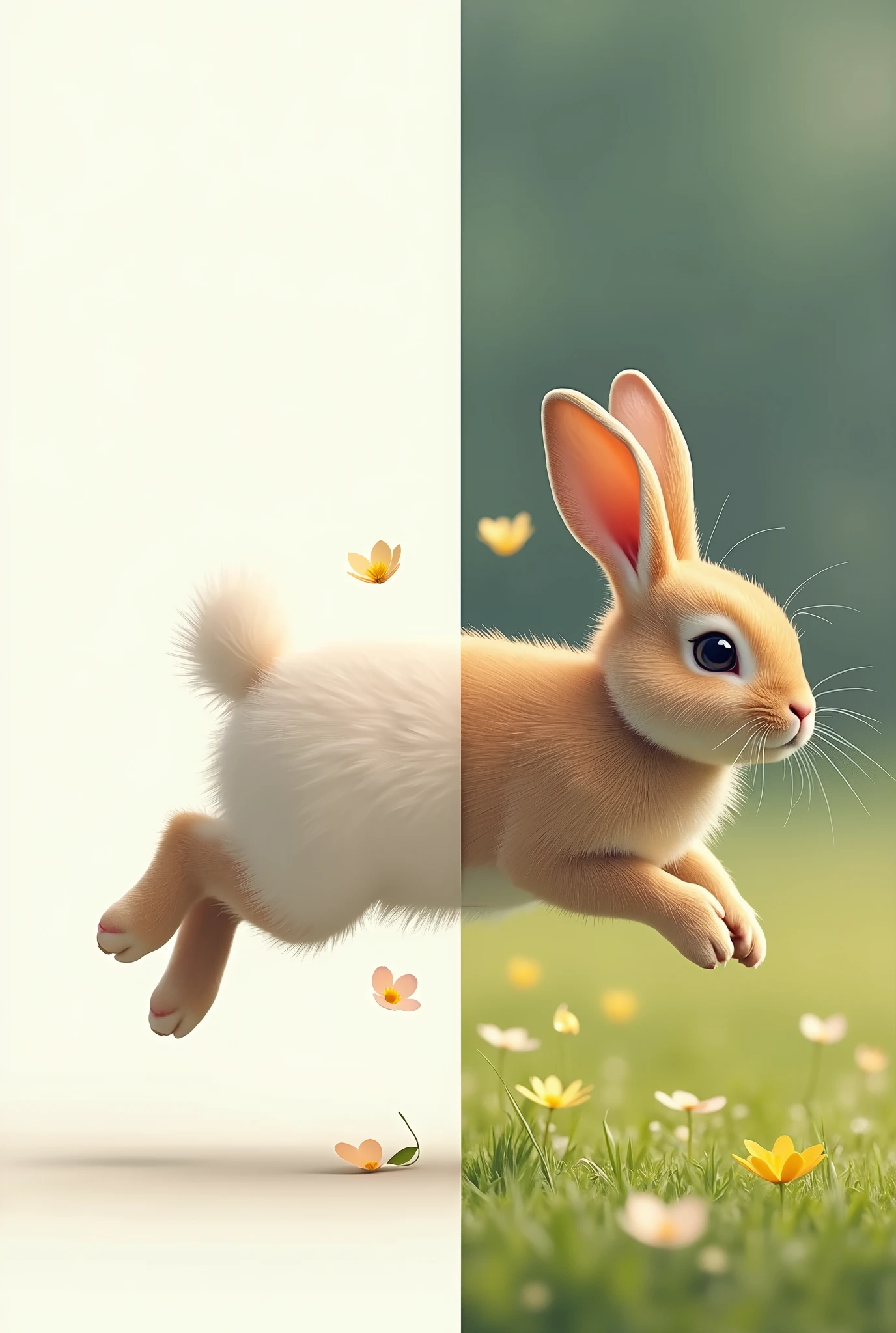  left side minimal style、cute、 simple art 、/right side realism 、 Vivid Colors、Ultra delicate、 best quality、/One Rabbit、 jumping 