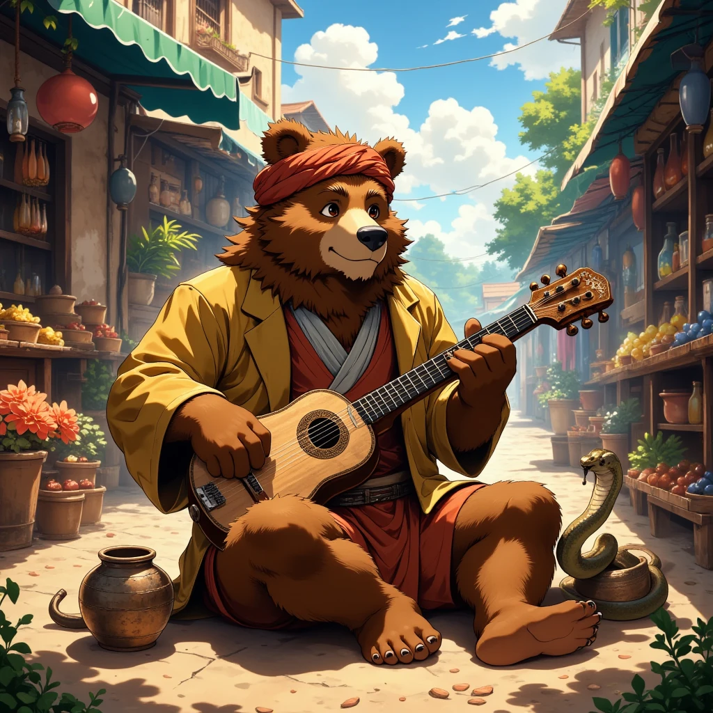 character focus, full body, looking away, from above, charmer, middle-aged india bear man, fluffy body, beautiful thigh gap, beautiful foot, detailed toe, detailed bear 1tail, BREAK anime face, male face, big face, square jawline, brown eyes, male eyes, big eyes, male eyebrows, innocent look, beautiful beard, BREAK full body in Michelangelo Buonarroti style, housamo style, digital illustration anime, pipe, turban, robe, jacket, shirt, pants, snake, pot, sitting, musical performance, detailed painting landscape, india, bazaar, outdoor, full color, HDR, BREAK masterpiece, official art, best quality, very aesthetic, absurdres, super fine illustration, great quality, BREAK noise reduction, very highres, large filesize, high quality, 32K, 8k wallpaper, dynamic lighting, BREAK insanity detailed, ultra detailed, intricate details, extremely detailed, detailed texture, an extremely delicate and beautiful, BREAK e621 illustration, osukemo, kemohomo, anthropomorphic, furry, cartoon, harmonious, pastoral face, virtuous eyes, mysterious atmosphere