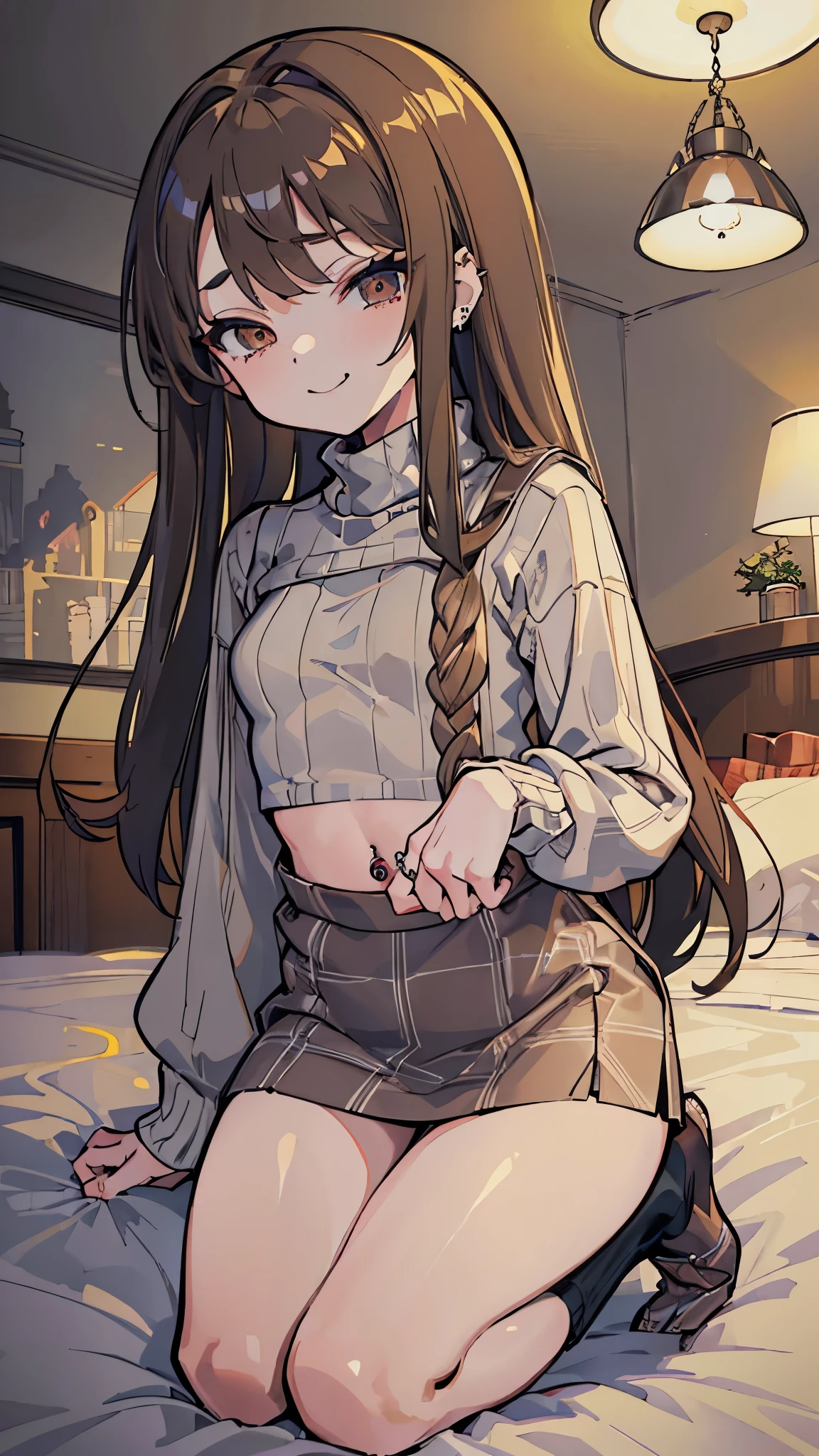 Detailed image of loli, Light brown hair long, loose, messy and beautiful, red eyes sharp and, pretty face, smiling, plump lips, wolf ears, With earrings, medium, Blush Eyeshadow, long, thick eyelashes, posing shyly, dressed only in a low-cut sweater, small waist, wide hips, big circle, Beautiful thick naked thighs, view from below, shallow view deep, Volumetric lighting, shadow enhancement, Detailed cityscape, scapular (best quality, stunning details: 1. 25), (only: 1.3), colorful paintings.