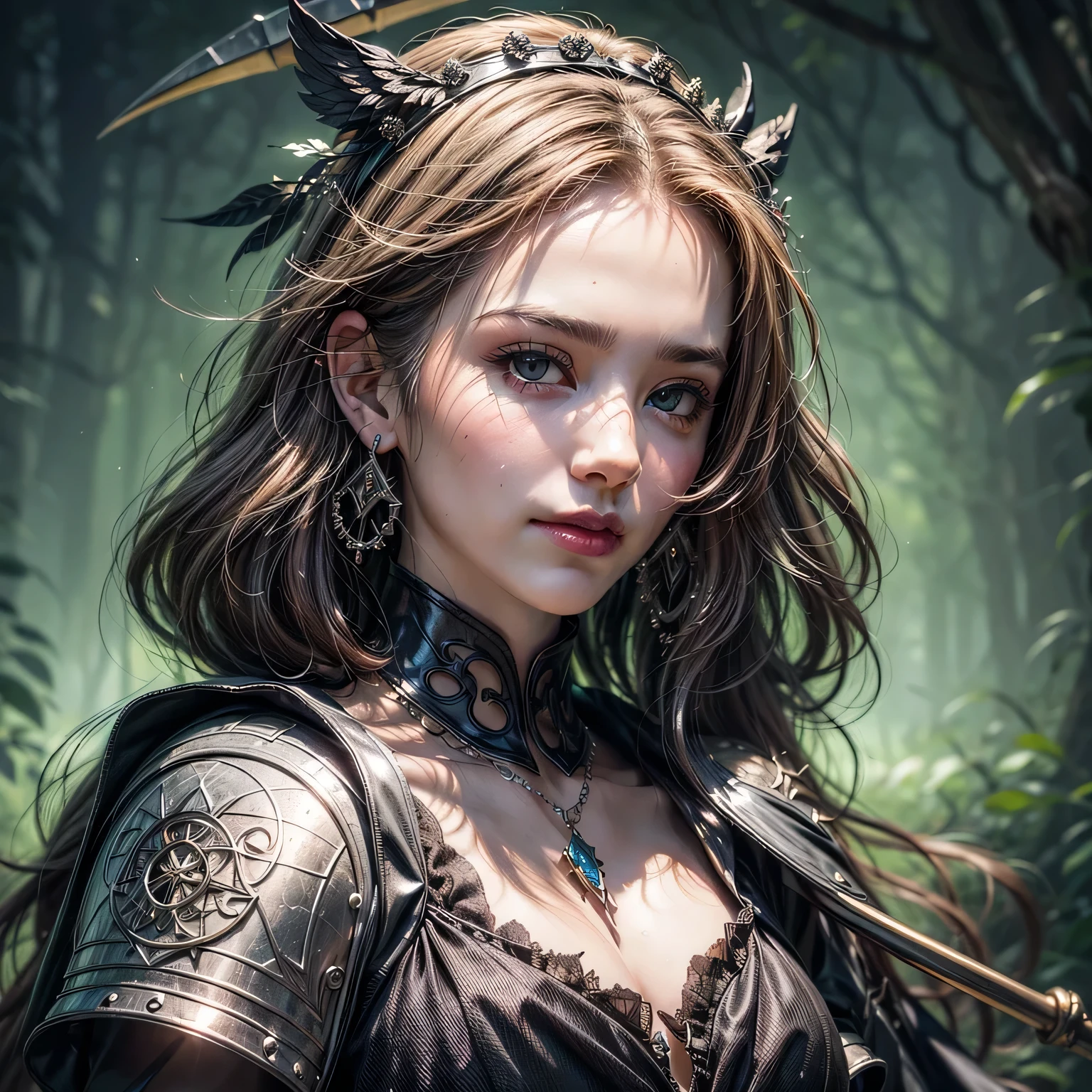 (masterpiece, best quality, beautiful digital illustration:1.4), enchanting_digital_illustration, delicate_female_warrior, dual_swords, elaborate_armor, flowing_cloak, ornate_breastplate, embossed_gauntlets, mystical_forest, sunlight_filtering_through_trees, mossy_path, ethereal_atmosphere, magical_crystals, twisting_vines, luminescent_mushrooms, whispers_of_wind, soft_glow, radiant_aura, glowing_runes, shimmering_energy, cinematic light, (sharp focus:1.6), highly detailed, ultra realistic, 8k