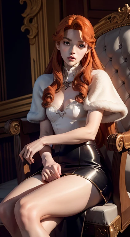 ((foto de corpo inteiro)), ((foto realista)), 1 girl, (colete: 1.2), 8k, high-res, pele finamente detalhada, lingerie, seios enormes, lenore from castlevania, vampire, red hair, skirt, sitting, toned legs, heels, dominant, low angle, upskirt, athletic, skinny, toned, smaller body, thin waist, from below, crossed legs, highly detailed realisticly proportioned legs, toned legs