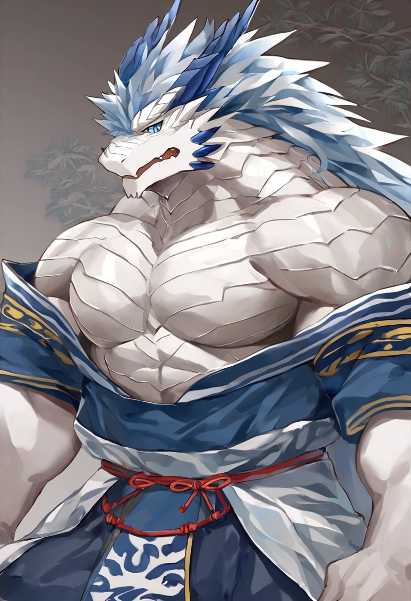 dragon， strong man ， white scales， dark blue pupil，两对dragon角，淡蓝色dragon角， expression of indifference ， traditional Chinese costumes，Cold and hard style 。