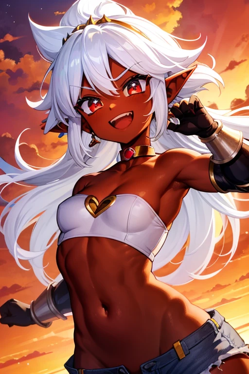 Hild, solo, fine detail, dark skin, seductive, smile, looking at viewer, lipstick, open shirt, panties, standing, perfect quality, good quality, masterpiece, HDR, UHD