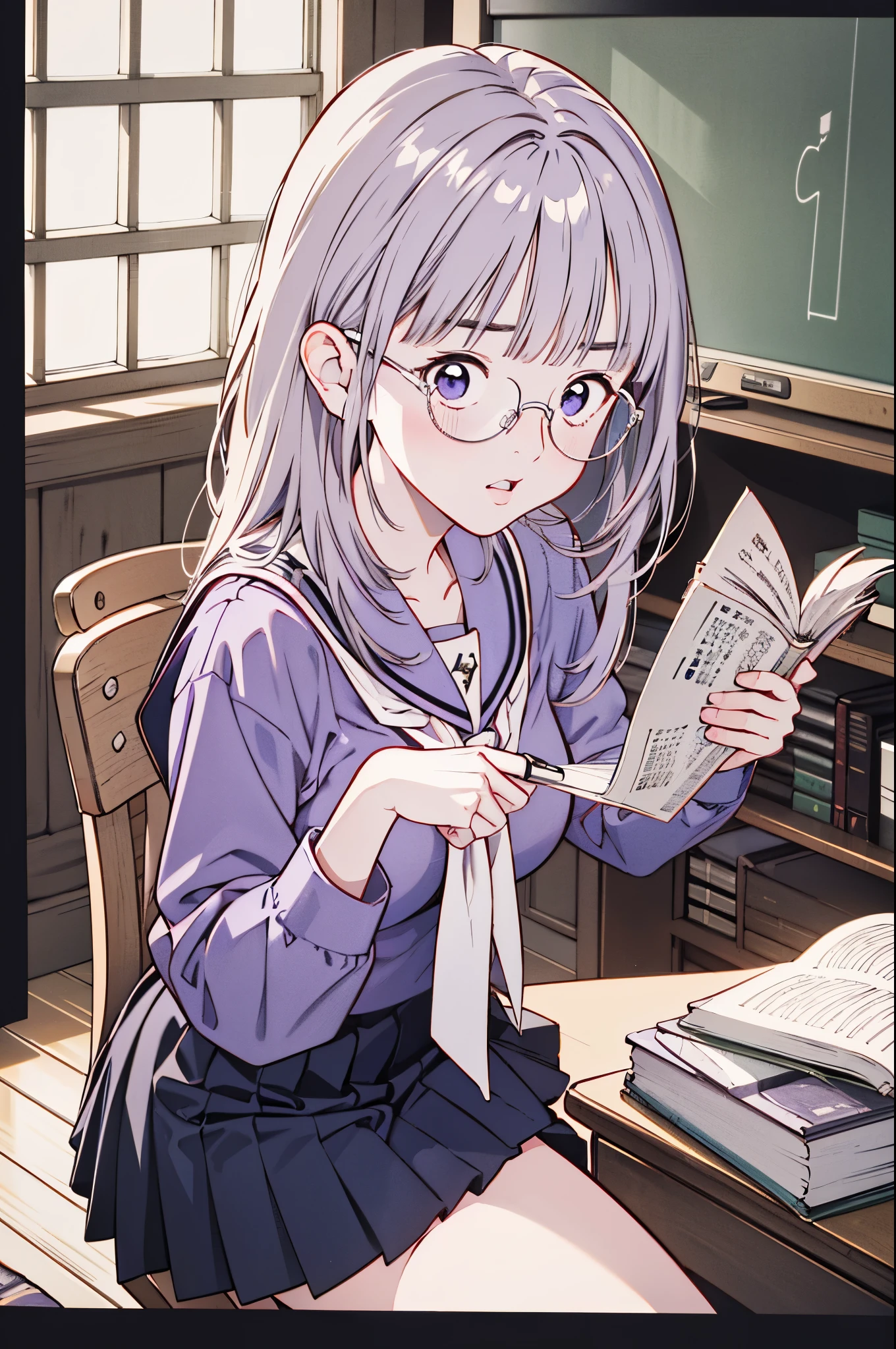 (8k、top-quality、masterpiece:1.2)、(Realistic、 ultra-detailed、 super A high resolution 、beautiful詳細な顔, perfect body for a lawn,( 1 girl ,Long silver hair),( school uniform, sailor suit ,Purple Shirt,navy skirt,White Thailand), Contrapost, clevis,in classroom, portrait、 Libraries 、 reading a book、(( wear black glasses to capture )),beautiful、 embarrassed 、 Big Breasts 、reading、
