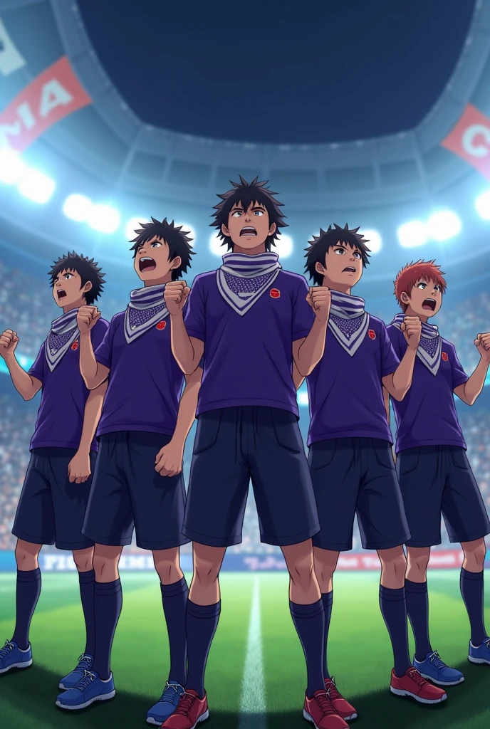 Ultra-realistic image of five Sanfrecce Hiroshima supporters wearing purple team jerseys paired with casual pants, standing together in a moment of intense anger. Their expressions are fierce, with clenched fists and determined eyes, as if passionately reacting to a match's turning point. The background is a vibrant soccer stadium under bright floodlights, with blurred crowds and banners waving in the stands. The scene highlights their mix of casual and dedicated supporter vibes, with scarves or flags representing Sanfrecce Hiroshima prominently featured