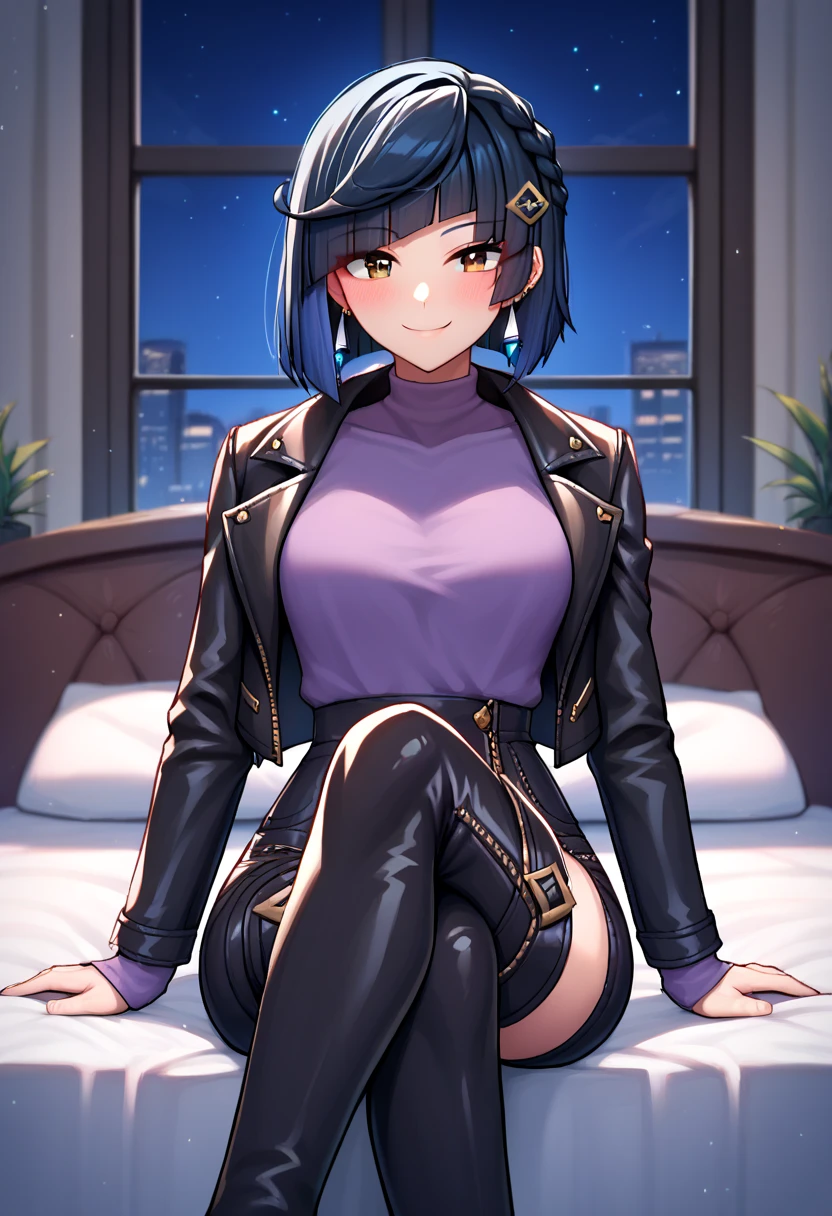 score_9, score_8_up, score_7_up, score_6_up, score_5_up, score_4_up, source_anime, 1girl,yelandef, upper body, smile, blush, dark hair, low dark blue hair, brown eyes, clean hair, leather jacket, purple shirt, leather pants, hairpin, black thigh high boots, crossed legs, evening, room, bed, looking at the viewer, night, best quality, best res, 4K UHD,
 