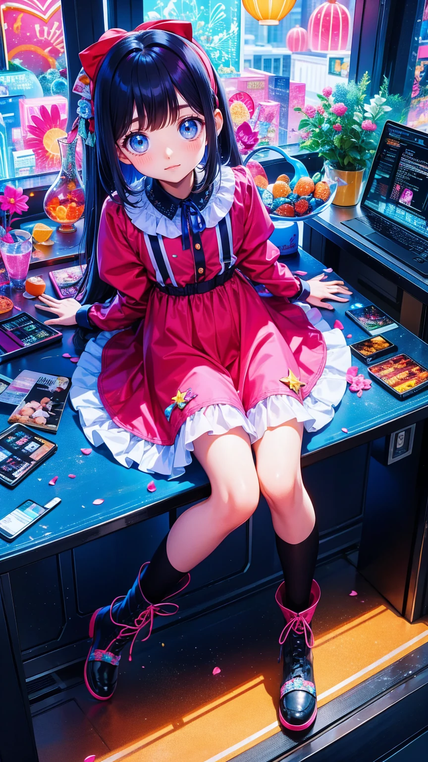    anime style、story、、   cute女の子 、とてもcute天使、   pink gothic dress   、cute、baby face、smile、   Long Skirt 、    black boots 、Very cute headband
