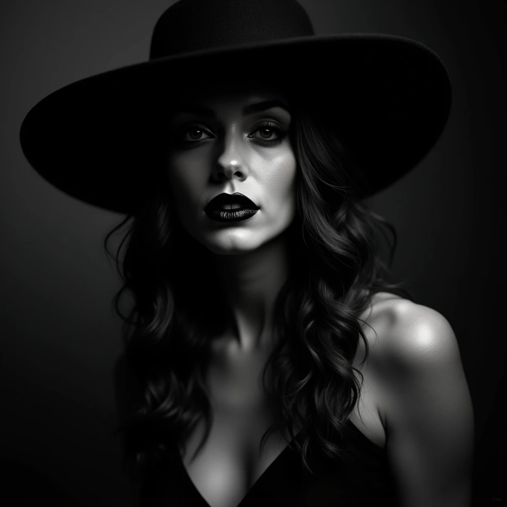 Black and white photographic portrait of a mysterious and woman - SeaArt AI