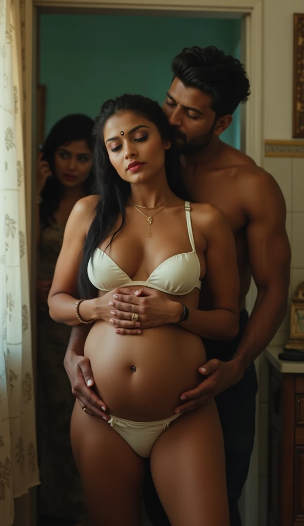 An Indian guy wearing coat pant kissing a naked pregnant Indian girl bottomless giving birth