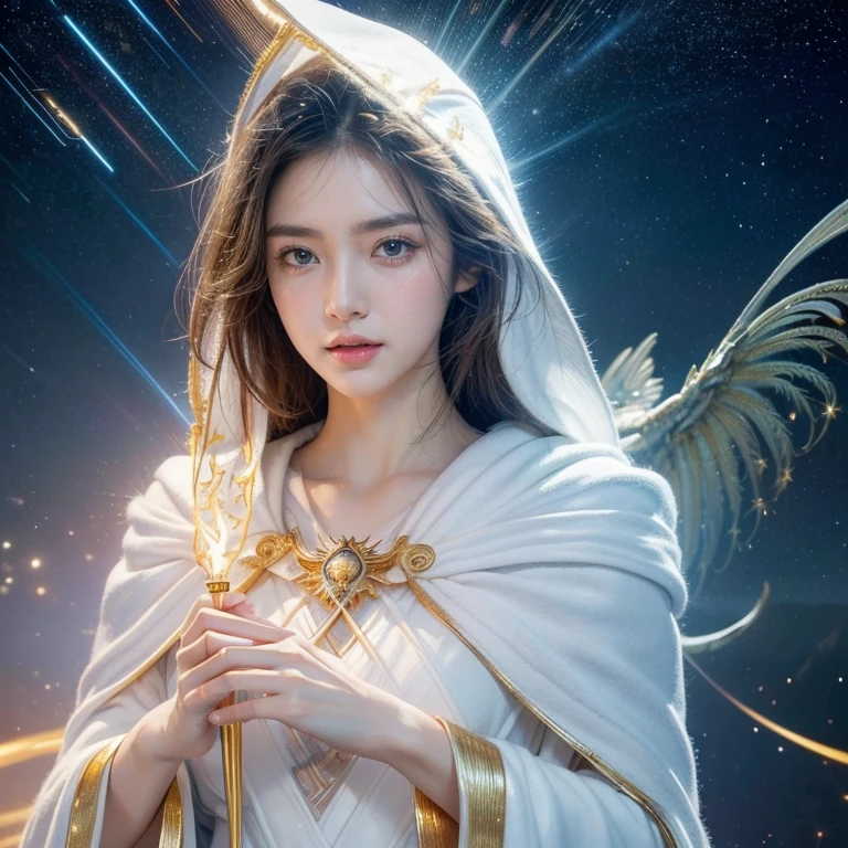 (masterpiece, Highest quality, Highest quality, Official Art, beautifully、aesthetic:1.2), (One girl), Highly detailed eyes, (Fractal Art:1.3), colorful, Most detailed, (Perfect Face), Glowing Skin, High resolution, (White cloak, golden lines:1.2), Milky Way, (Streaks of Light), Impressive visuals, (Dynamic stripes, Light trail:1.2), Vibrant colors, (Phoenix), (Dragon)