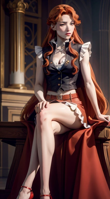 ((photo by full body)), ((photo realist)), 1 girl, (waistcoat: 1.2), 8K, high resolution, finely detailed skin, lingerie, Breasts huge, Lenore de Castlevania, vampyre, Red hair, overskirt, sitting down, legs, jumping, dominant, Low angle, upoverskirt, skinny, toned, smaller body, Waist slender, from low, crossed legs, highly detailed realistic proportioned legs, toned flegs, skinny legs