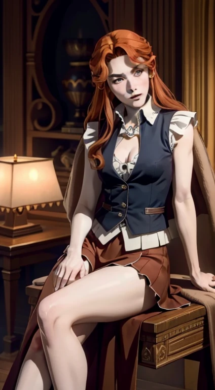 ((photo by full body)), ((photo realist)), 1 girl, (waistcoat: 1.2), 8K, high resolution, finely detailed skin, lingerie, Breasts huge, Lenore de Castlevania, vampyre, Red hair, overskirt, sitting down, legs, jumping, dominant, Low angle, upoverskirt, skinny, toned, smaller body, Waist slender, from low, crossed legs, highly detailed realistic proportioned legs, toned flegs, skinny legs