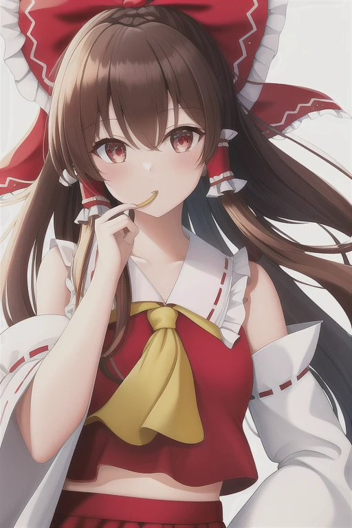 Human Girl, Reimu Hakurei, heart shaped eyes, ribbon, heart, Alone, red ribbon, Hair Tube, Iconic Eyes, hair ribbon,,  goofy face, ,  Detachable Sleeves ,  open her mouth ,  ascot ,  brown hair,,  upper body, ,  look at the viewers, Bare shoulders, bangs, d ribbon, yellow  ascot , clavicle, ribbon trim, sideways hair , red eyes