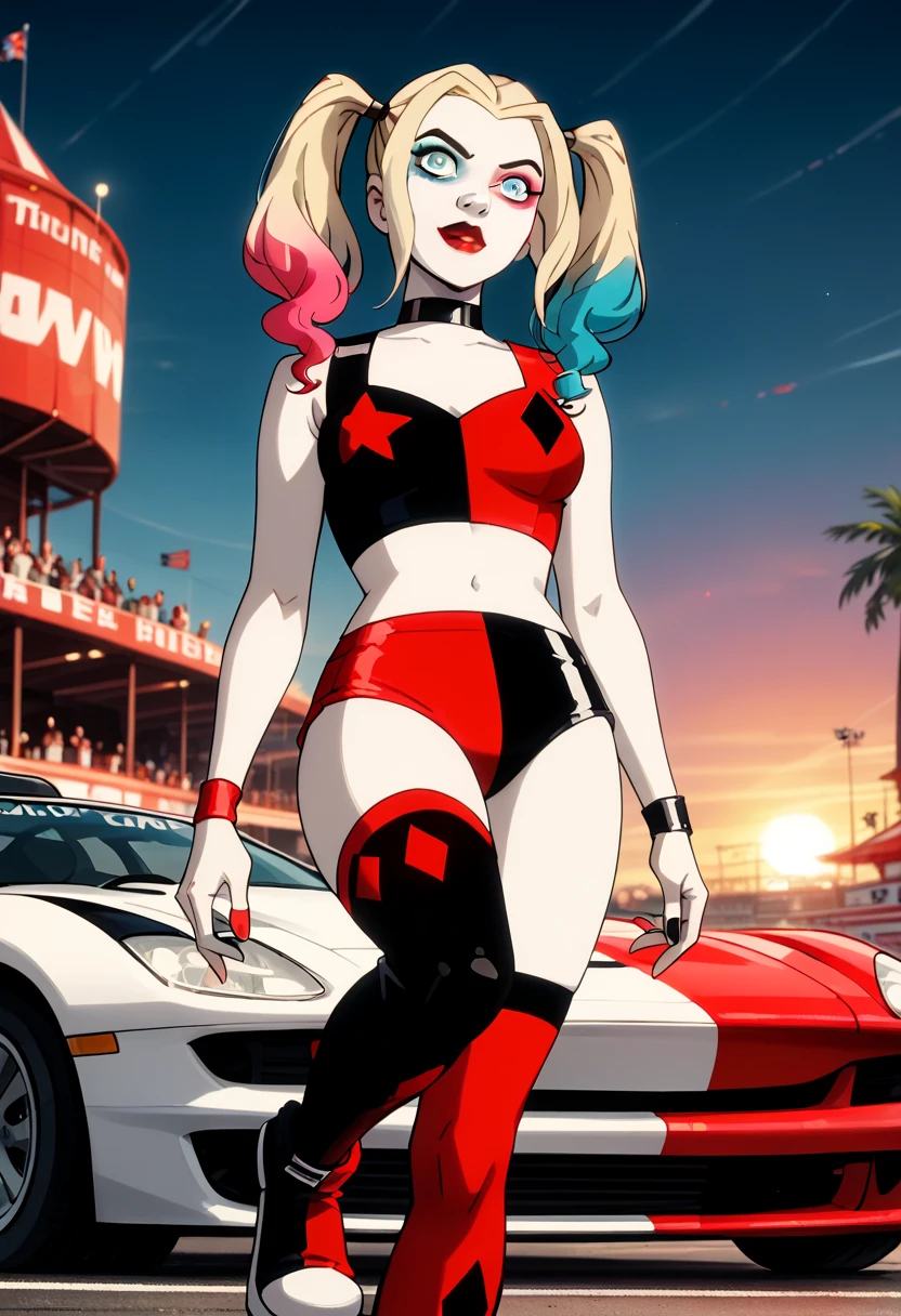 score_9, score_8_up, score_7_up, score_6_up, rating_questionable, 1girl, solo (Harley Quinn, twintails, multicolored hair, blonde hair, blue eyes, black choker, makeup, lipstick, red lips, race queen:1.4), wearing (shorts, crop top, thigh highs, ankle boots:1.3), midriff, navel, car, motor vehicle, confident, seductive, elegant, glamorous, sexy pose, model pose, sexy pout, (sunset:1.1), shallow depth of field, highly detailed, bokeh, moody, gorgeous, film grain, grainy (Hand, detailed, perfect, perfection, hands:1.2), perfect hands, perfect proportions, highly detailed face, highly detailed eyes, (detailed background), (low angle:1.3).