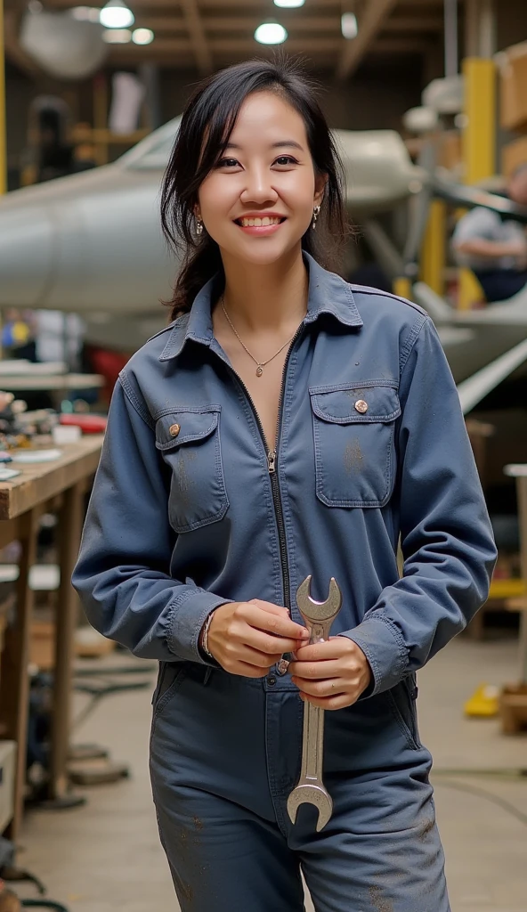 ((best quality)), ((masterpiece)), (detailed), a girl, solo, small head, small face, slim, thin, mesmerizing and alluring female mechanic covered in grease, Confident smile, (Dirty and rugged charm:1.2), (tough and confident demeanor:1.1), (mechanical expertise:1.3),((disheveled shoulder-length straight black bob hair)),((short pony tail)),smudged face with a playful smirk, (stained blue jacket and blue pants clinging to her curves), (gritty tools of the trade:1.2), cluttered repair shop, scattered fighter plane parts, (authentic fighter plane ambiance:1.2), (intense gaze:1.1), gripping a wrench in her dirty hands, 8k resolution, looking at another, looking away, masterpiece, best quality, Photorealistic, ultra-high resolution, photographic light, detailed eyes, detailed lips,