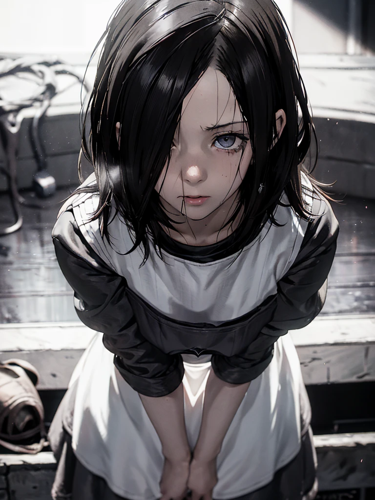 detailed, eveline(Resident Evil 7), black hair, Sweaty, saliva, Showing the inside of the mouth, relax, From above, Room, saliva, standing missionary, Glossy Lips, wide open mouth, 口を大きく開ける, Clothes that show your body lines, Horror, 