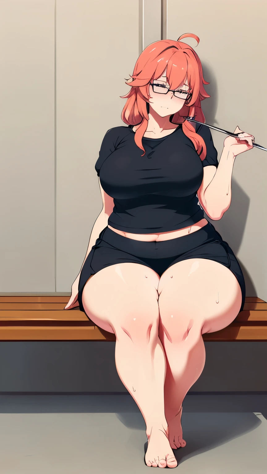 (Full body, very high quality, highly detailed)),  belly bursting out of clothes, glasses, long hair, ((((wide hips, thick thighs)))), gym clothes, thight shorts, barefoot, sitting, (tsundere), ((sweating)), ((tired)), (exhausted)