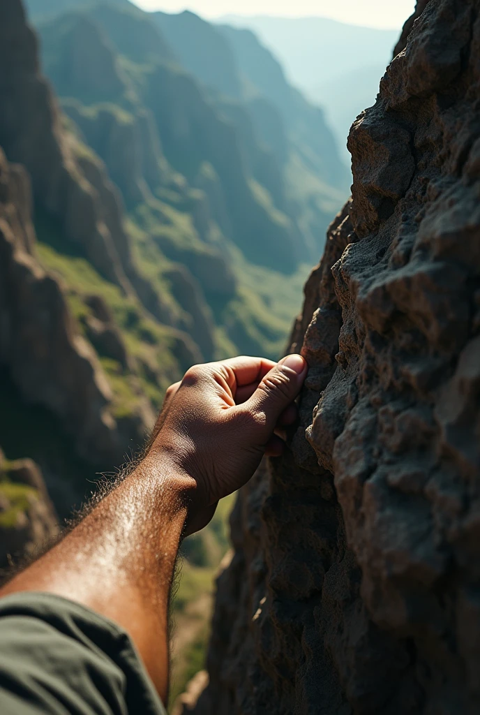 ((masterpiece)) ((photography)) ((Highest quality))   A dramatic close-up of a man's hand gripping desperately onto the edge of a rugged cliff. His fingers, strained and trembling, cling to a small crack in the rock, dirt and sweat visible on his skin. The tension is palpable, with the faint outline of his face in the background, twisted in determination and fear as he dangles precariously. The sunlight casts harsh shadows on the rock, emphasizing the depth of the drop below, where a vast expanse of jagged terrain looms ominously. The image captures the raw intensity of survival, focusing on the moment his strength is pushed to the limit.