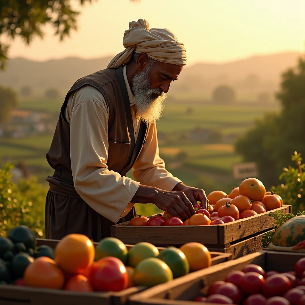 A poor farmer standing in front of a mosque.
Farmer's hand holding fruits and mosque background.