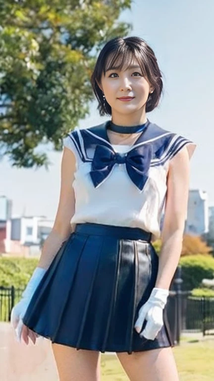 full body shot, from below,  japanese mature,  detailed face , smile, Facial wrinkles,  detailed skin texture ,  white skin,  heavy makeup, plump body, (Mer1, tiara, sailor senshi uniform, blue sailor collar, bow, knee boots, choker, white gloves, blue choker, elbow gloves, jewelry, earrings, blue skirt, mini skirt:1.2), ( full body shot from toe to head wearing black high heels,  standing in the park, standing:1.2), ( surrealism, best quality, ultra detailed, absolutely resolution, 8k, anatomically correct), depth of field, looking at viewer, tachi-e,  natural light