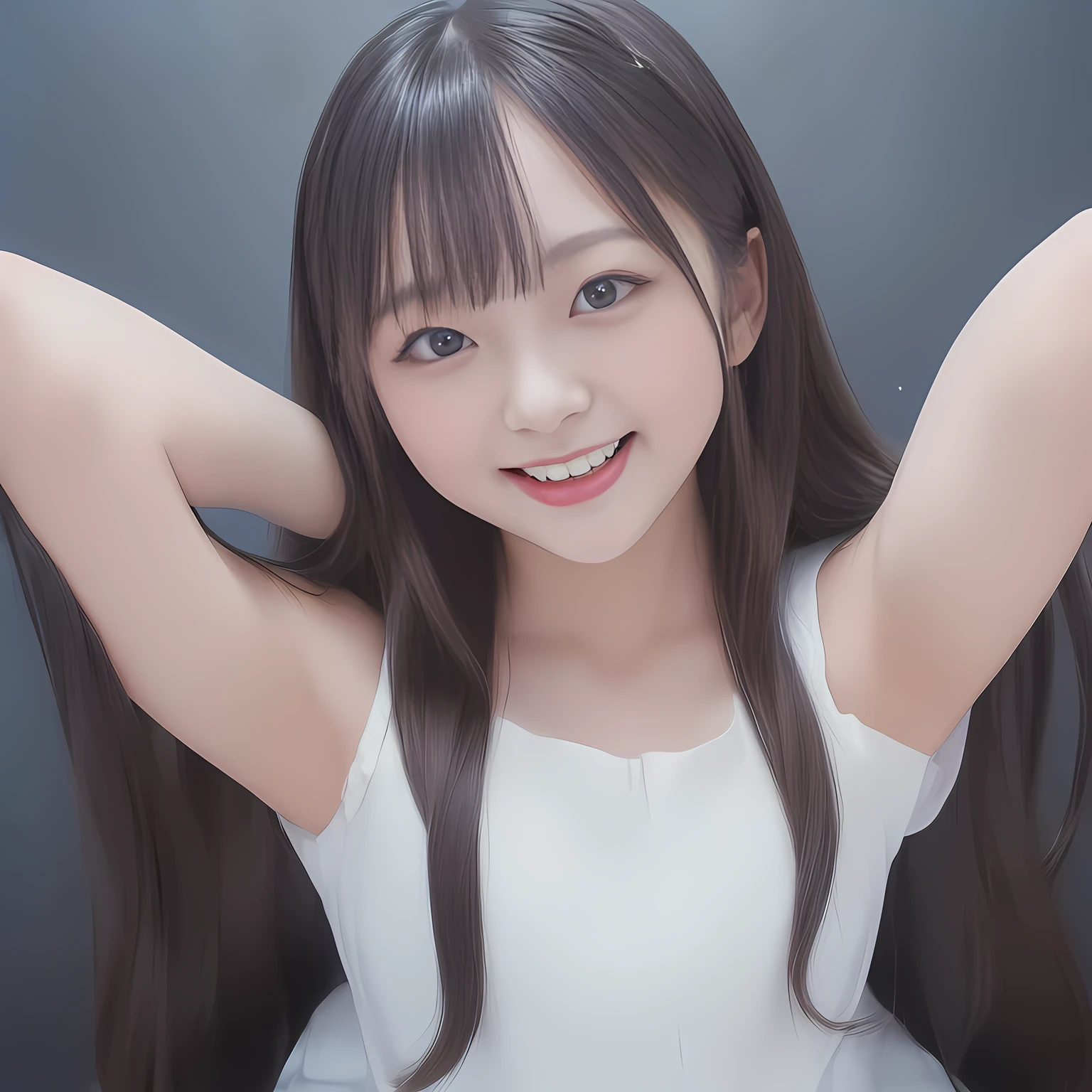 (Highest quality, masterpiece:1.2), Highest quality, High resolution, 1080P, 8k, (Two 14yo Japanese beautiful girl idols are seated and giving strong subliminal sexual invitation and temptation, undressing, cute skirt with beautiful knees, looking at the viewer, can't stop showing cute smile open mouth because of feeling too funny about the viewer, very white-white face, very proud of her long straight black hair, using face-whitening cosmetics, 14yo girl's eyes, opened laughing giggling most open mouth, too expensive navy sailor-styled school uniform, well-straitened super-long well-trimmed long hair, evenly neatly trimmed girly cute bangs: 1.5), (white shoulders: 1.7), (Laughing blushed cheeks with dimples), (Well-balanced, impressive, very intelligent, double-eyelids, black shining large eyes of 14yo young idol with detailed: 1.5), ((Beautiful well-figured glossy opened laughing lips: 1.2)), (mature breast), (The viewer can't stop madly kissing them because of her beauty and subliminal strong invitation), (Very beautiful, super-glossy, cute neat black amazingly long hair, straight well-done long hair-style: 1.3), (plain blue background: 1.6), (((Completely balanced beautiful big cool eyes, looking coldly at me!: 1.3))), (eyes, face and hair are especially beautifully detailed and beautifully drawn: 1.5), (The soft white light clearly shows her face extremely white: 1.2), (Too luxurious and expensive), (School uniform, too-cute slender 14yo super-long-hair Japanese beautiful-young-girl idol twins are laughing and undressing, super-widely open laughing mouth like eating the viewer, everything is girly, neat and too beautiful: 1.6), (Super long hair 14yo super-cute-face navy-sailor-suit school-uniform pretty young idol of school idol photo magazine, is undressing me, height: 158cm: 2.1), (Inevitable invitation and temptation to the eternal deep deep unreal pleasure world of full girls: 2.0)