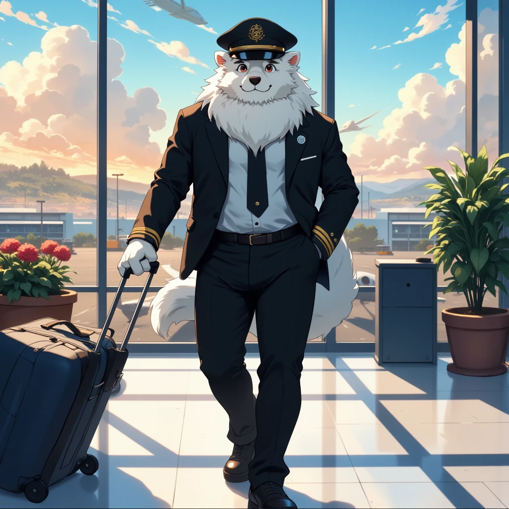 character focus, full body, looking away, dynamic angle, airline pilot, a middle-aged clothing white shepherd man, BREAK full body in Michelangelo Buonarroti style, housamo style, digital illustration anime, airline hat, airline black color suit, trolley case, walking, detailed painting landscape, morning, airport, passenger terminal, indoor, full color, HDR, BREAK complete anatomy, perfect proportions, beautiful thigh gap, fluffy body, intricate fur details, beautiful fur texture, BREAK a detailed white shepherd 1tail, detailed shoes, beautiful foot, detailed hands, 5fingers, 5fingers nails, BREAK aesthetic anime face, insanity detailed face, male face, big face, square jawline, aesthetic anime eyes, detailed brown eyes, detailed brown cornea, detailed dark brown irises, detailed pupils, male eyes, big eyes, male eyebrows, innocent look, beautiful beard, BREAK masterpiece, official art, best quality, very aesthetic, absurdres, super fine illustration, great quality, BREAK noise reduction, very highres, large filesize, high quality, 32K, 8k wallpaper, dynamic lighting, BREAK insanity detailed, ultra detailed, intricate details, extremely detailed, detailed texture, an extremely delicate and beautiful, BREAK e621 illustration, osukemo, kemohomo, anthropomorphic, furry, cartoon, harmonious eyes, pastoral face, virtuous body, airport atmosphere 