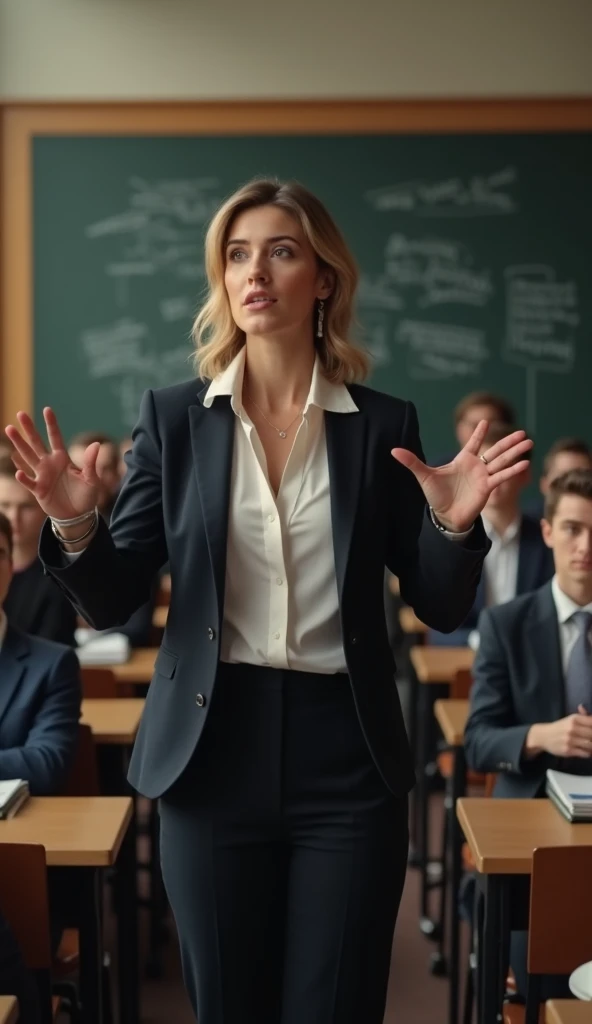 A sexy school teacher screaming in front of a classroom