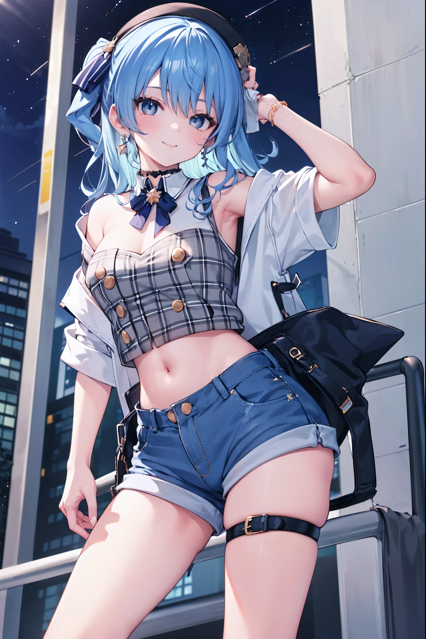 (8k、Best image quality、highest quality)、Detailed face、 1teen_girl、Blue Hair、Long Hair、sideponytail、dark_blue_eyes、smile,(peek_navel:0.7),(small_breasts:0.8),(White_T-shirt:1.3)、Off_shoulder、Black shoulder straps、(open_front_shorts,denim_short_shorts:1.2)、City Background, starry_sky_landscape ,hoshimachi suisei, (belly_button:1.2),nihil,solo,stargaze,girl_looking_up_sky,slender,solo,boots,abs, tight_waist, point_to_sky,slender_thighs,knees