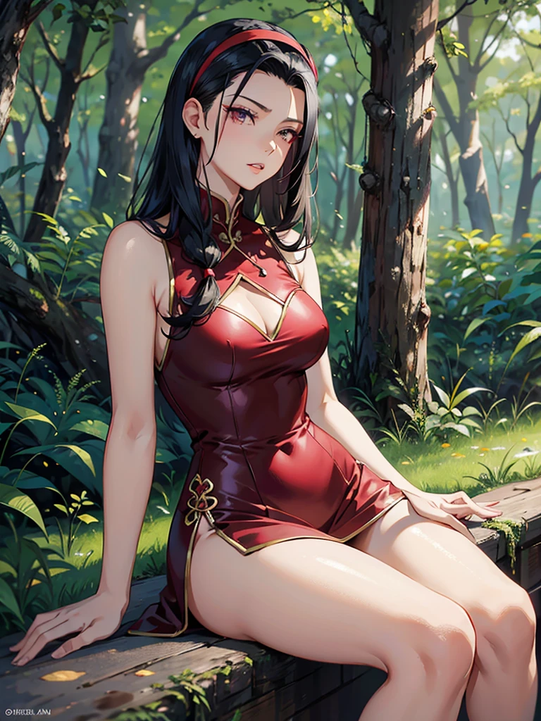 A hot girl age 30, bathing in jungle, attractive body, seductive pose, wearing hot dress red color